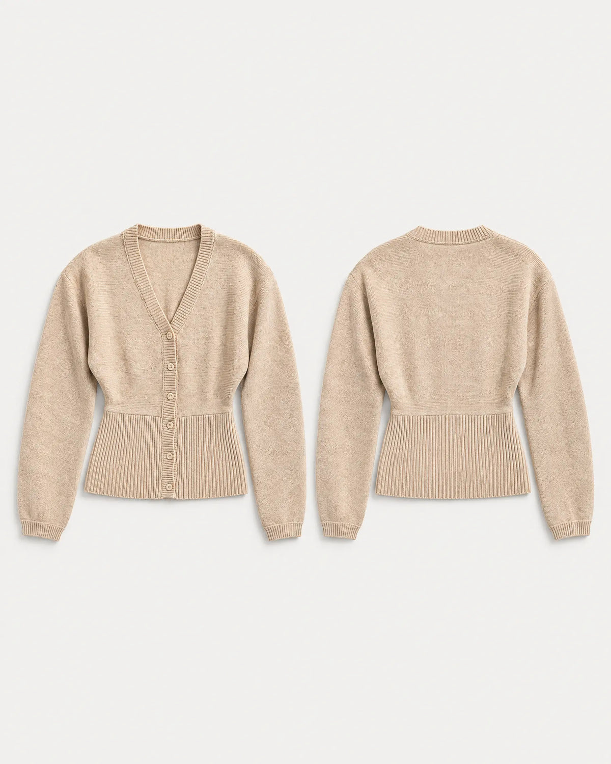 Oatmeal Rib Cardigan — Oatmeal — front and back flat lay