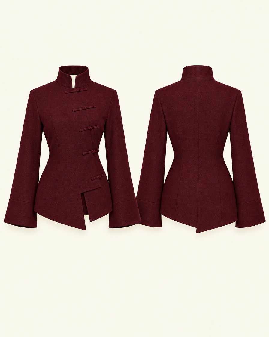 Navy Mandarin — burgundy front and back flat lay